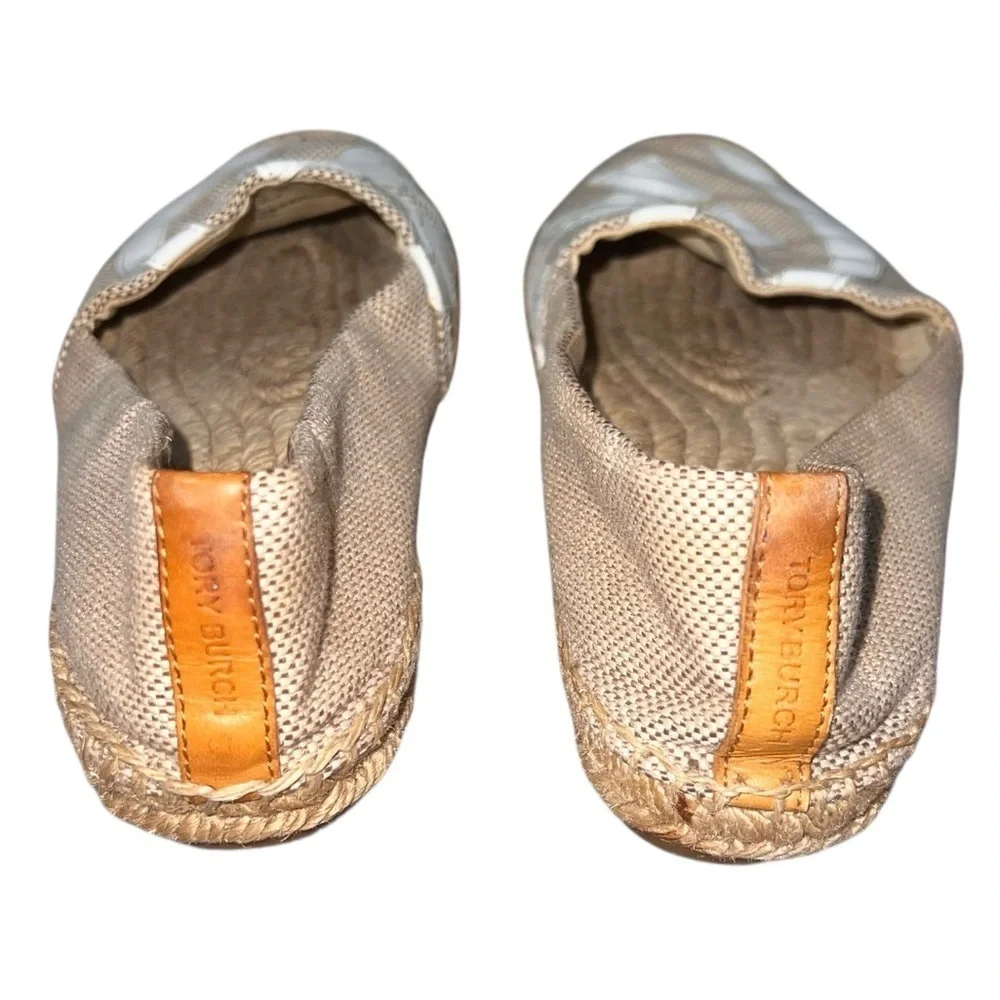 Tory Burch Tan Canvas Espadrilles White & Camel Leather Accents Size 7.5 Neutral